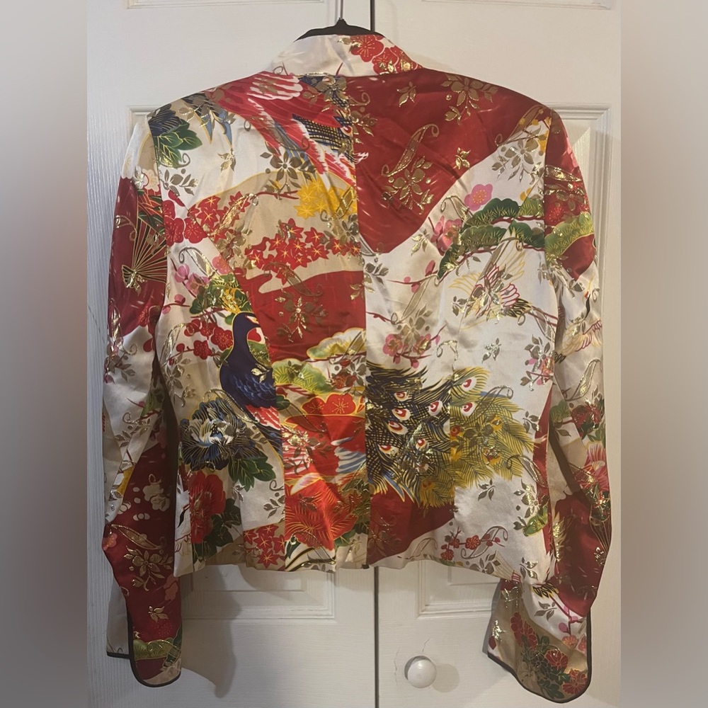 JS Collections Asian Style Floral Silk Metallic Jacket & Wide Leg Pants Size 12 - Picture 5 of 17